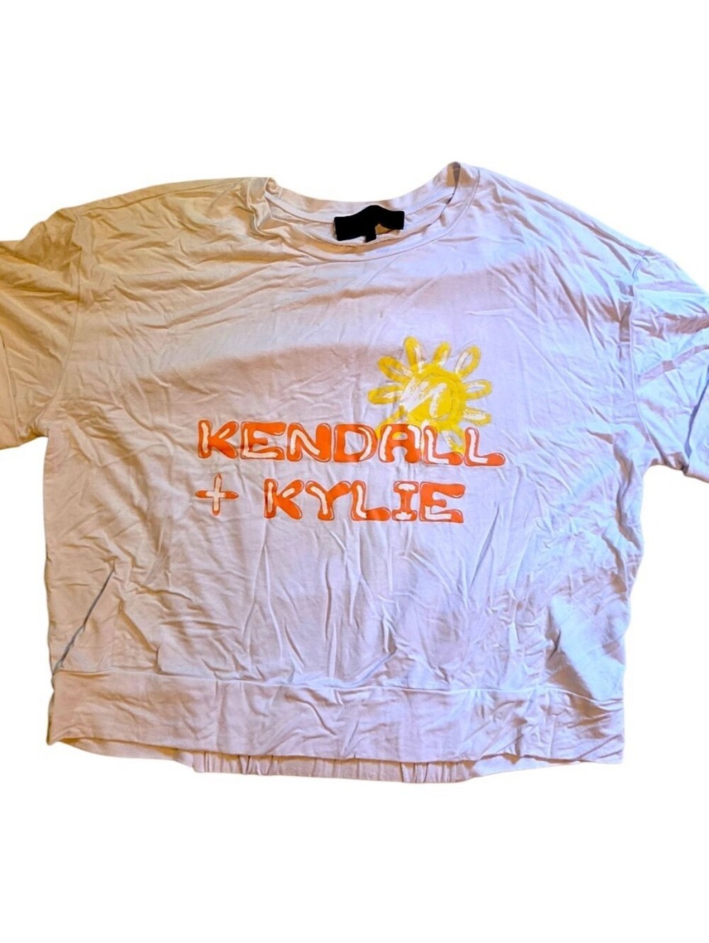 Kendall & Kylie Cropped Short Sleeve Logo Tee in White/Orange (L)